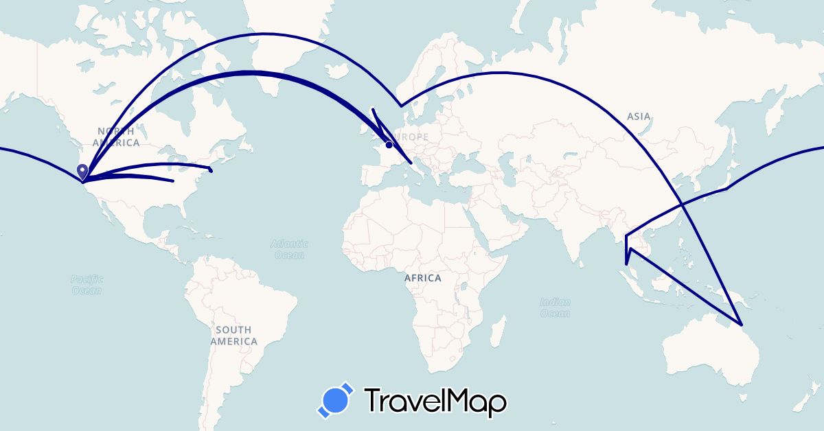 TravelMap itinerary: driving in Australia, France, United Kingdom, Italy, Japan, Norway, Thailand, United States (Asia, Europe, North America, Oceania)